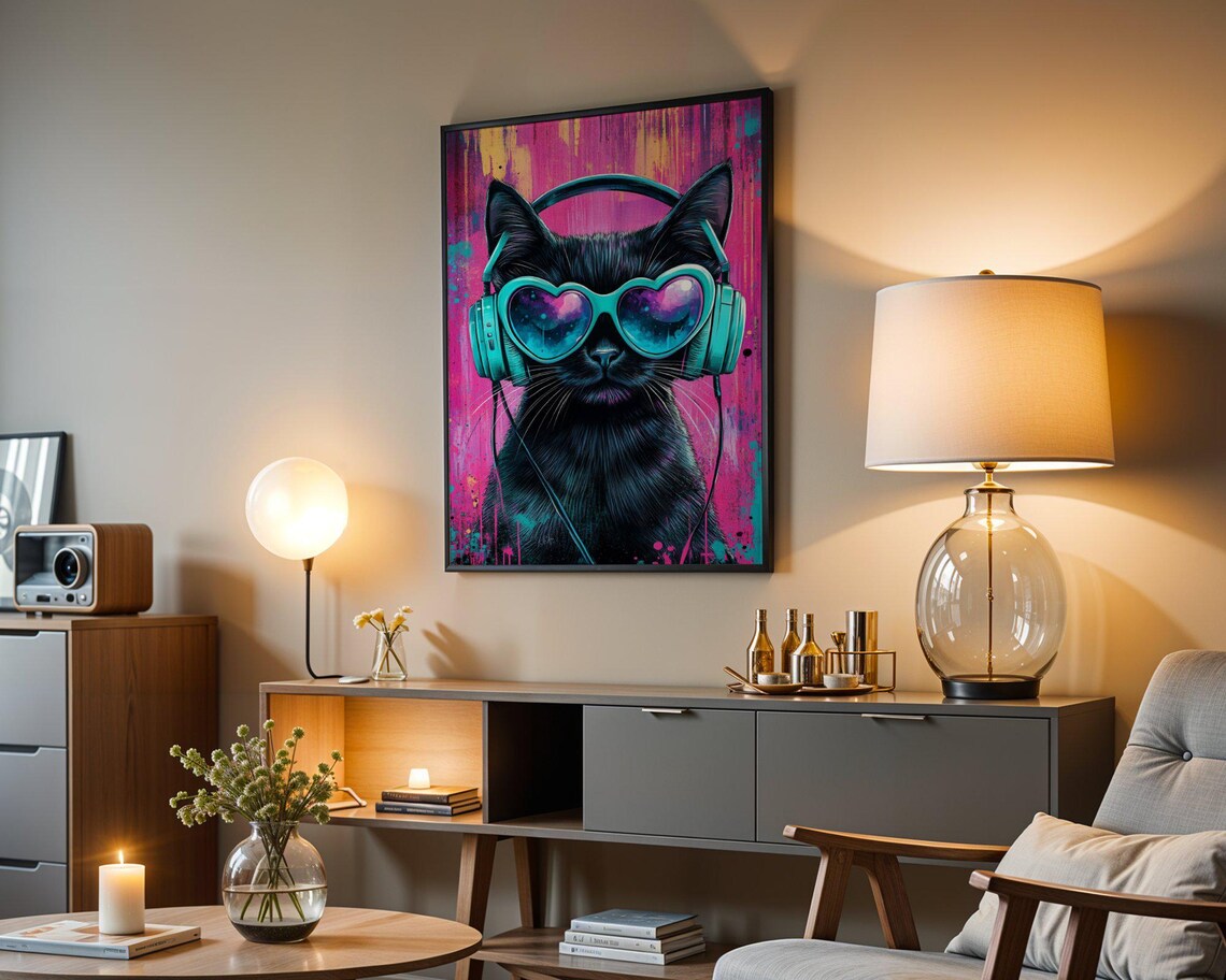 Black Cat with Headphones and Heart Sunglasses Neon Pop Art Poster - Image 4