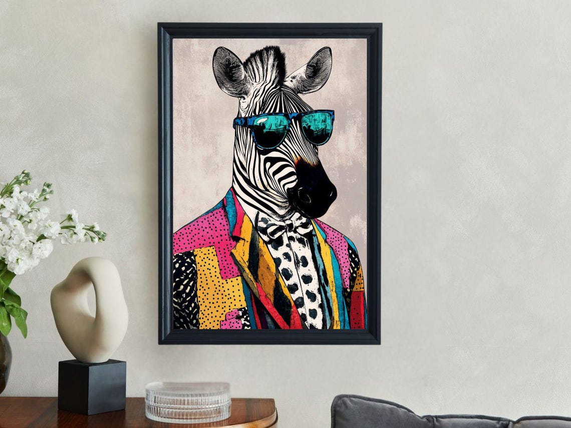 Stylish Zebra In Sunglasses And Colorful Patchwork Jacket Poster