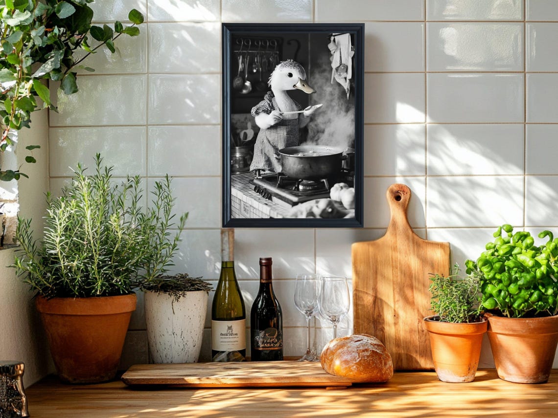 Duck Chef Stirring Soup Quirky Black and White Kitchen Poster - Image 5