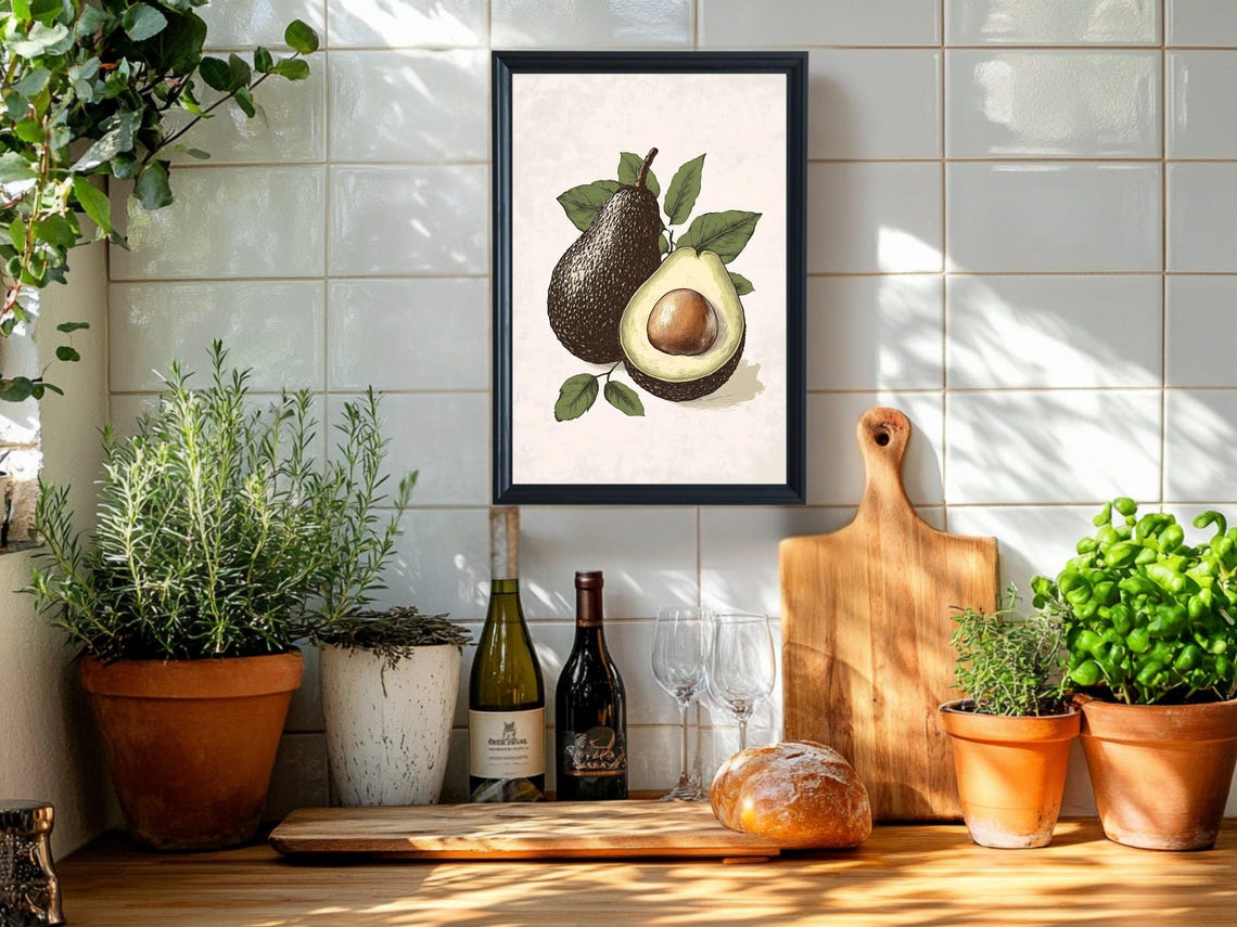 Vintage Avocado Botanical Illustration Rustic Kitchen Poster - Image 2