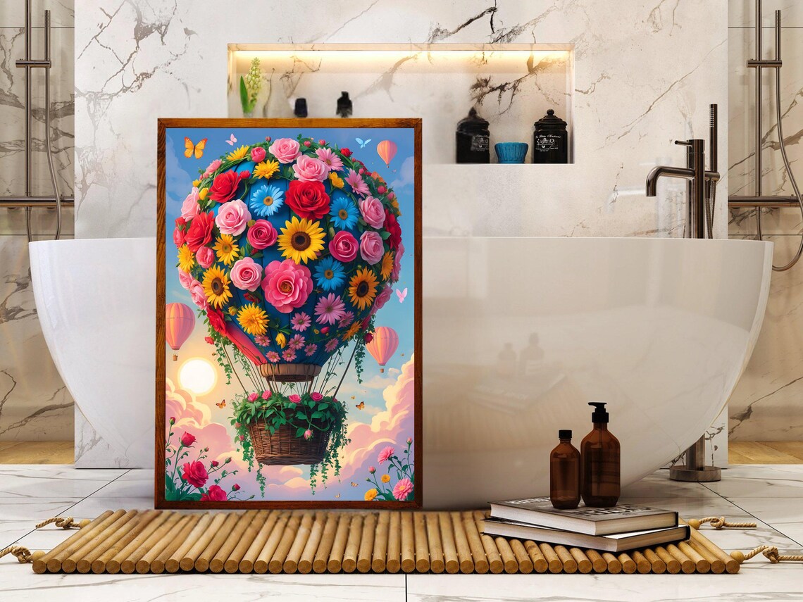 Hot Air Balloon Covered In Colorful Flowers Drifting At Sunrise Poster - Image 5