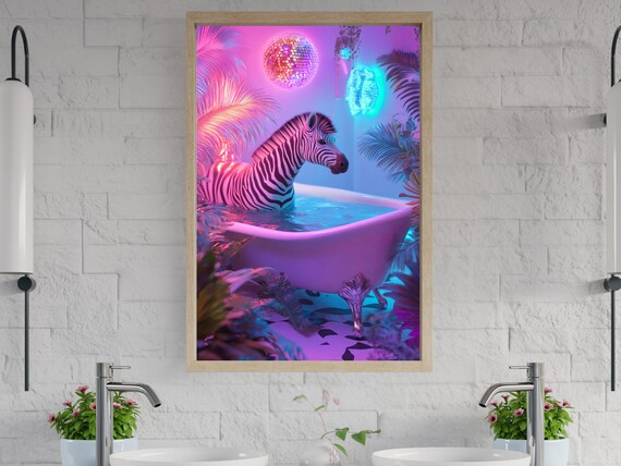 Zebra Soaking in a Bathtub Under Neon Tropical Lights Poster