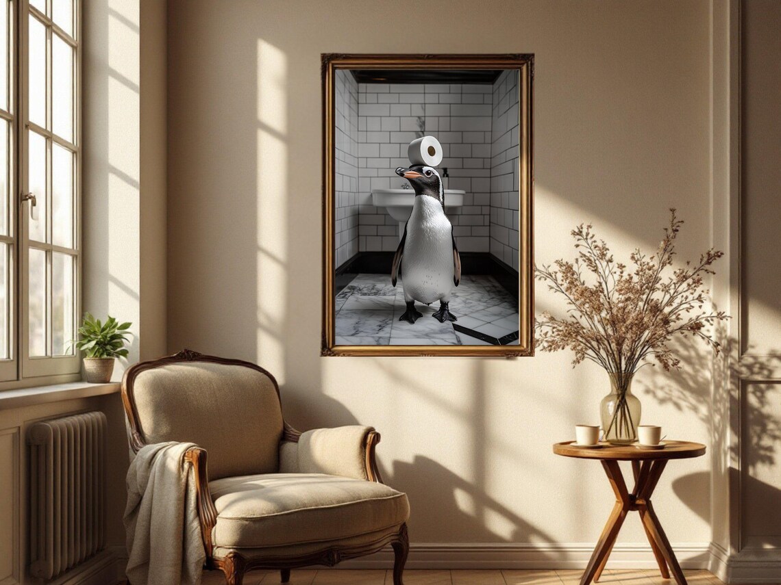 Penguin Balancing Toilet Paper On Head Funny Bathroom Animal Poster - Image 4