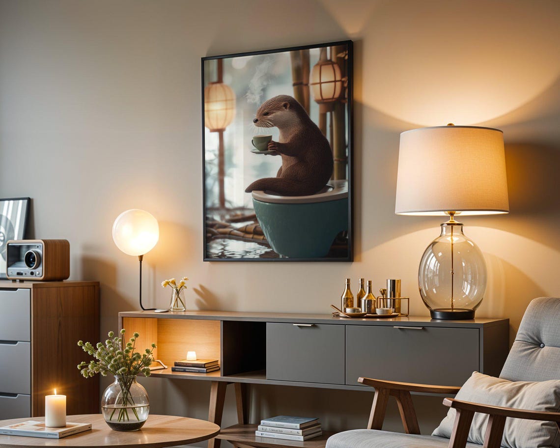 Serene Otter Drinking Tea While Sitting On A Teal Toilet Poster - Image 4