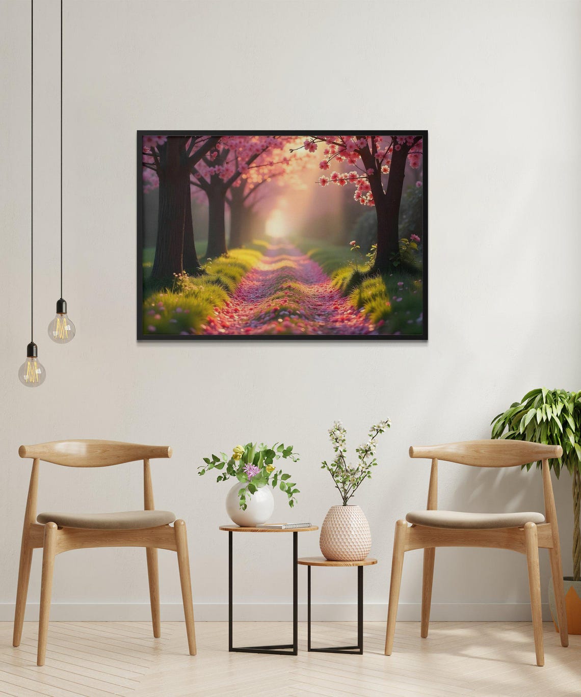 Cherry Blossom Pathway at Sunrise Covered in Fallen Pink Petals Poster - Image 2