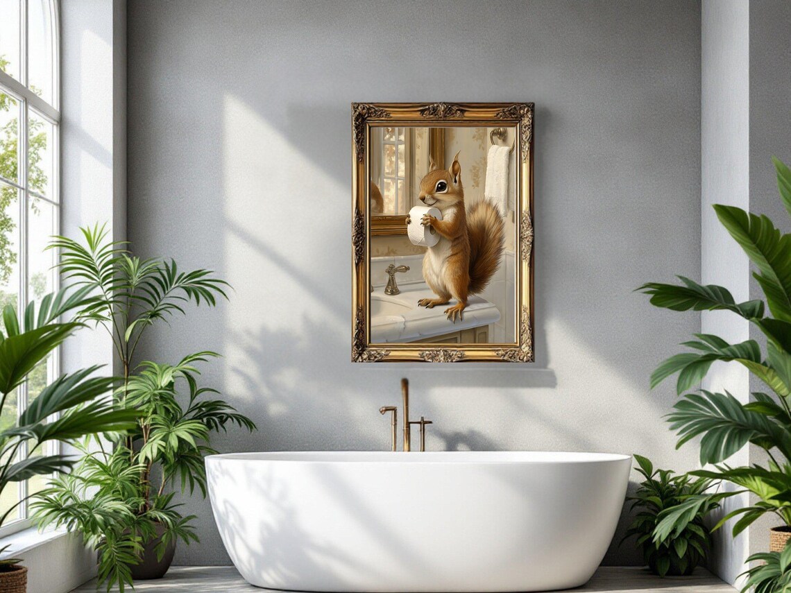 Cheerful Squirrel Holding a Toilet Paper Roll on a Bathroom Sink Poster - Image 4