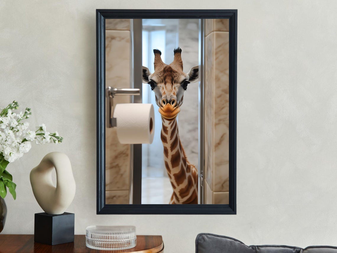 Giraffe Peeking Through Bathroom Door Funny Animal Bathroom Poster - Image 2