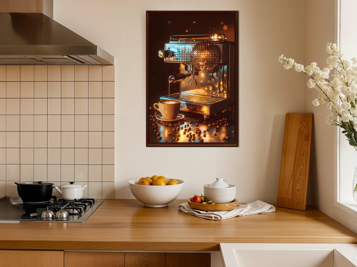 Retro Espresso Machine Pouring Coffee Dark Moody Cafe Poster - Image 4