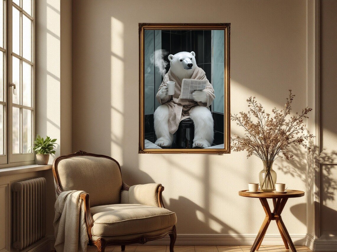 Polar Bear in Bathrobe Enjoying Coffee and the Morning Paper Poster - Image 4