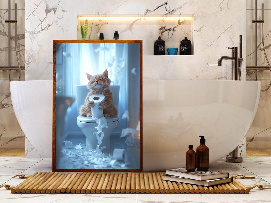 Playful Ginger Cat Shredding a Toilet Paper Roll Bathroom Poster - Image 5