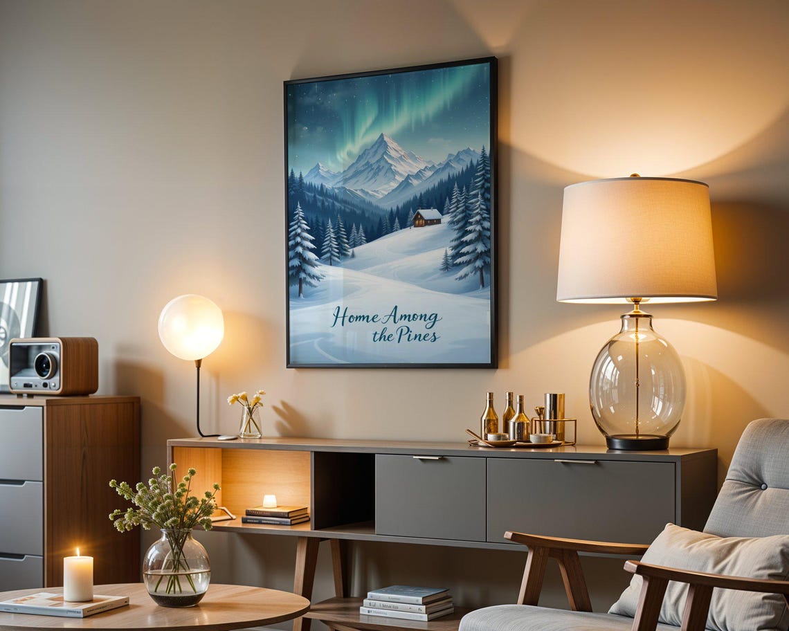 Home Among The Pines Winter Cabin Under Aurora Landscape Poster - Image 4