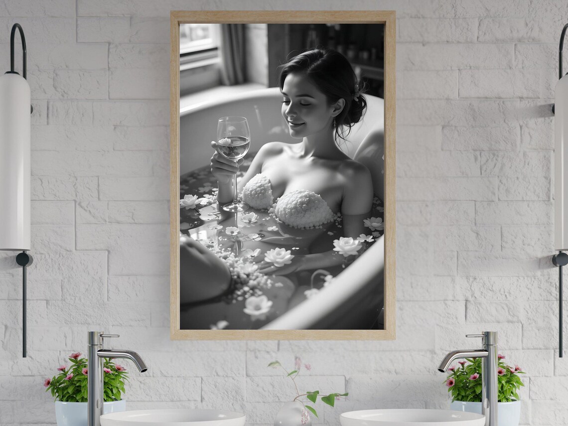 Serene Woman in Flower-Filled Bathtub with Wine Glass, B&W Poster