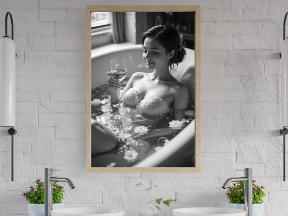 Serene Woman in Flower-Filled Bathtub with Wine Glass, B&W Poster