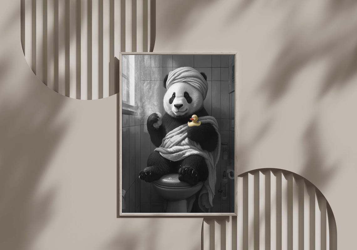 Panda in a Towel Turban Sitting on the Toilet with Rubber Duck Poster