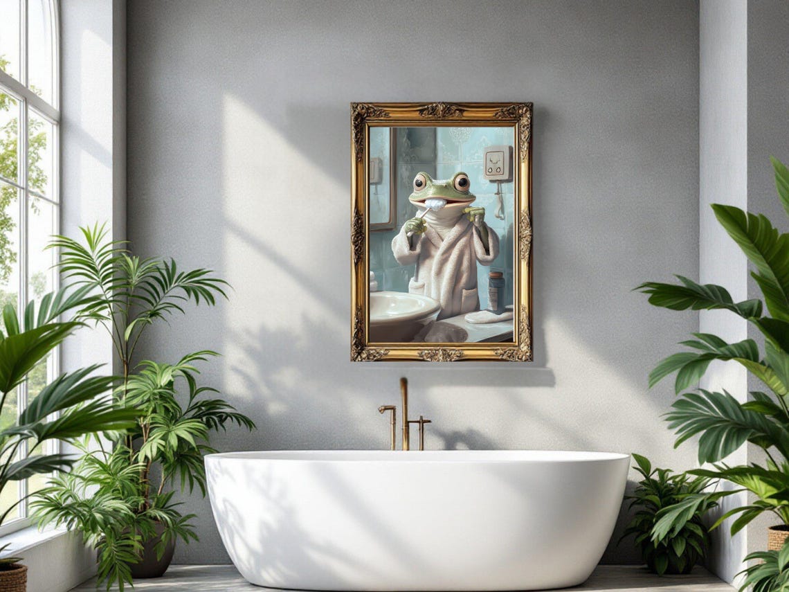 Charming Frog in Bathrobe Brushing His Teeth at the Sink Poster - Image 3