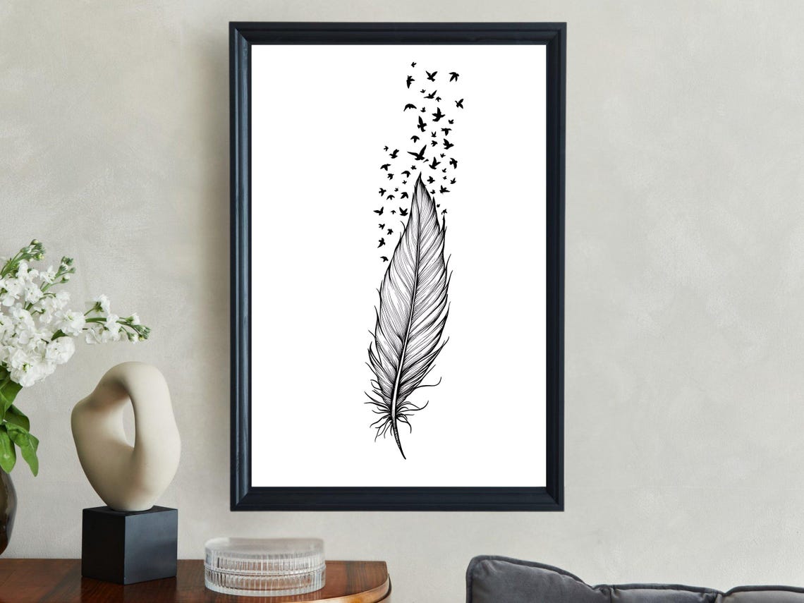 Ink Feather Dissolving Into Flying Birds Minimalist Ink Poster