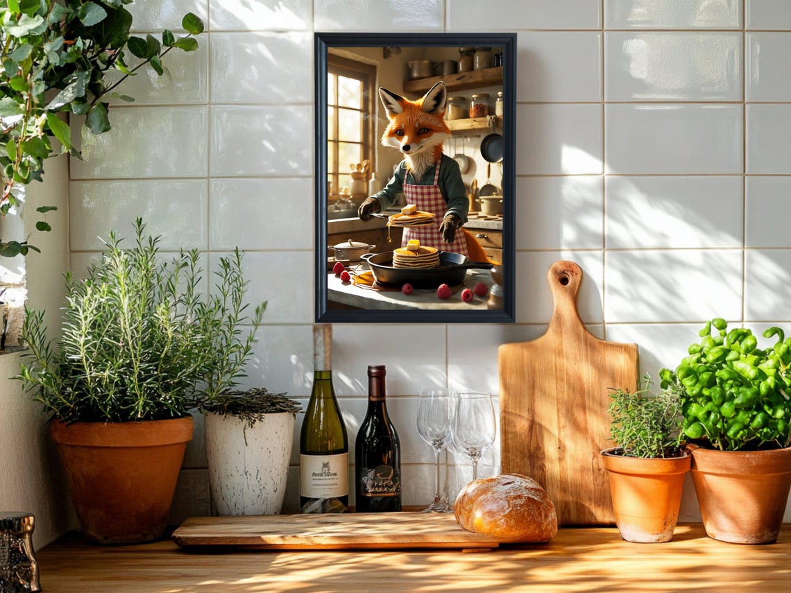 Fox Chef Making Pancakes Cozy Kitchen Funny Animal Art Print - Image 2