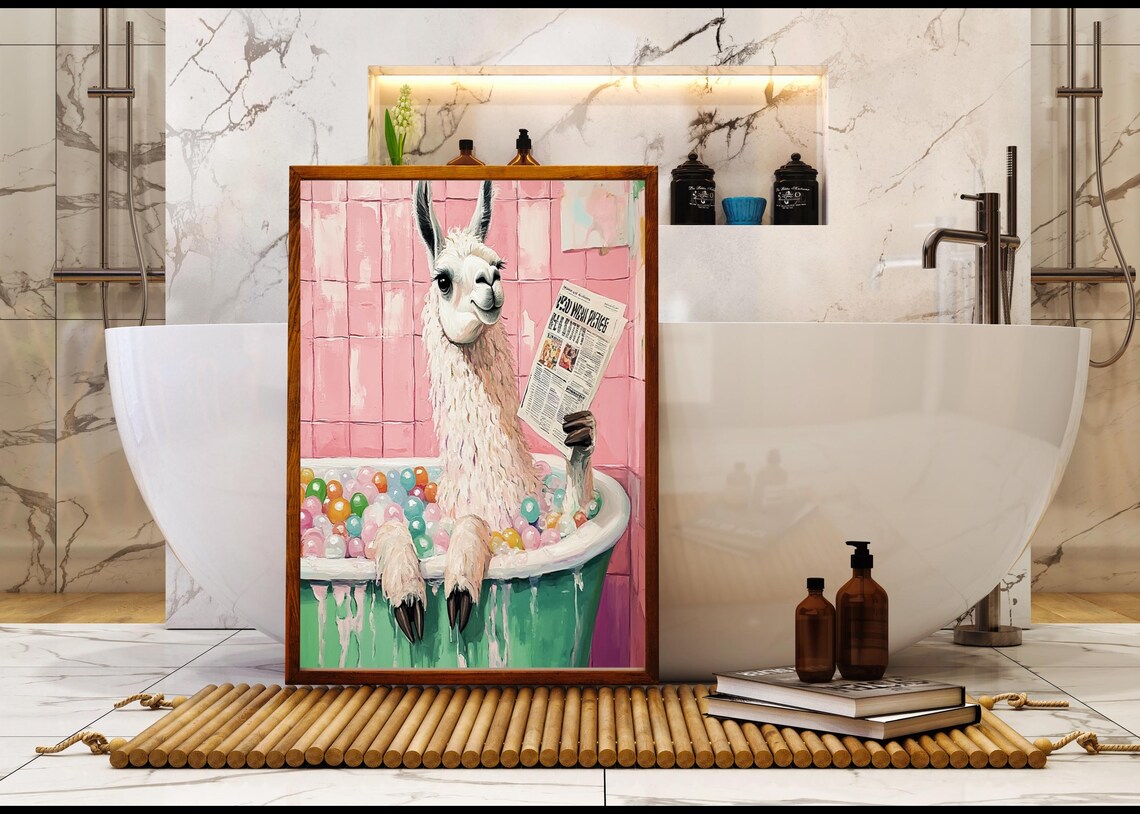 White Llama Sitting In Ball Pit Bathtub Reading Newspaper Poster - Image 5