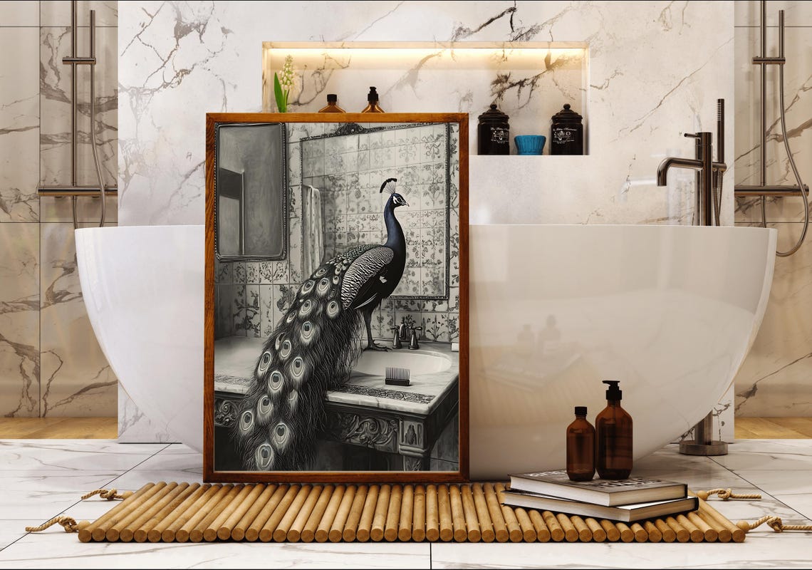 Peacock Perched on an Ornate Bathroom Sink Black and White Poster - Image 5