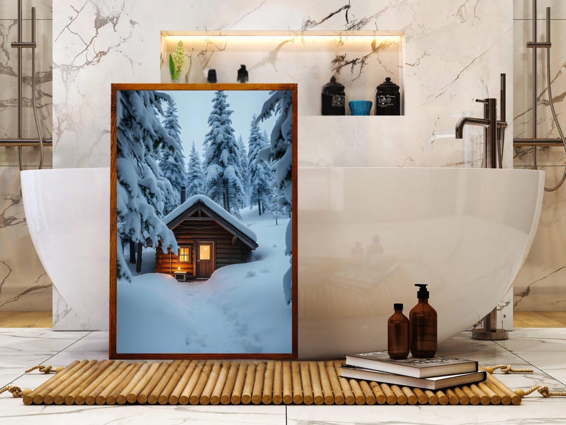 Snowy Log Cabin With Warm Glow in Winter Forest at Dusk Poster - Image 4
