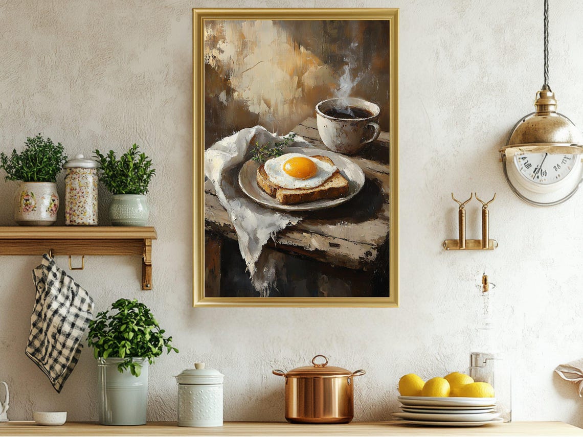 Rustic Breakfast Wall Art Fried Egg On Toast Coffee Painting Kitchen Decor Farmhouse Style Vintage Food Art Print Coffee Lover Gift