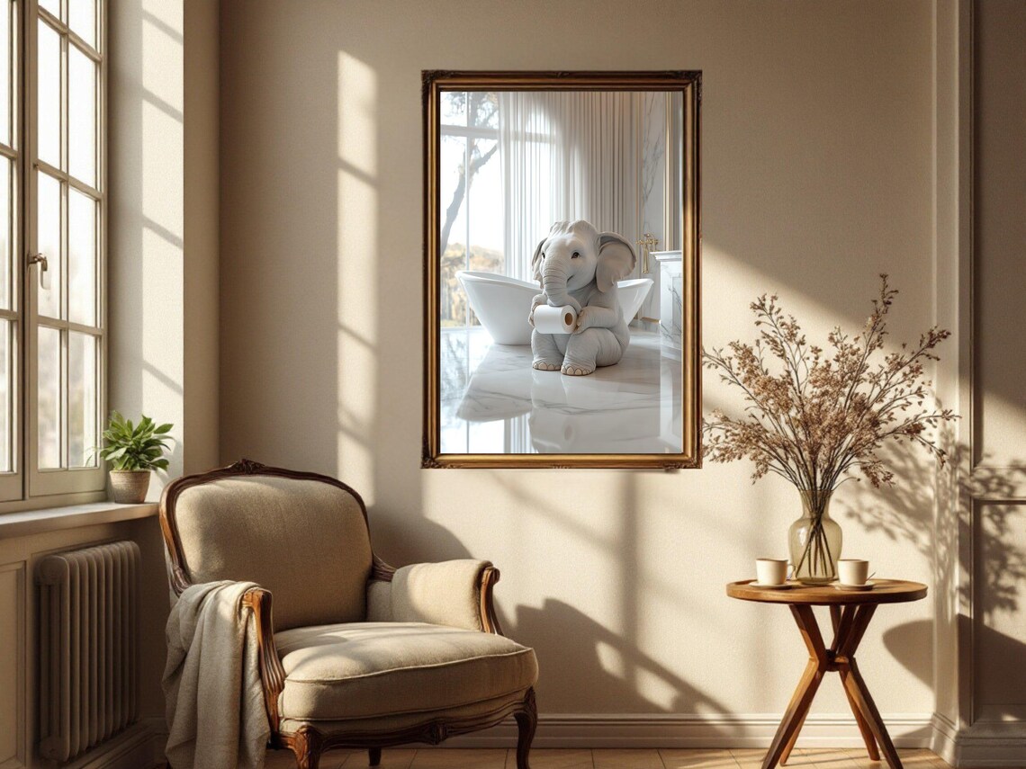 Sweet Baby Elephant Holding Toilet Paper in Marble Bathroom Poster - Image 4