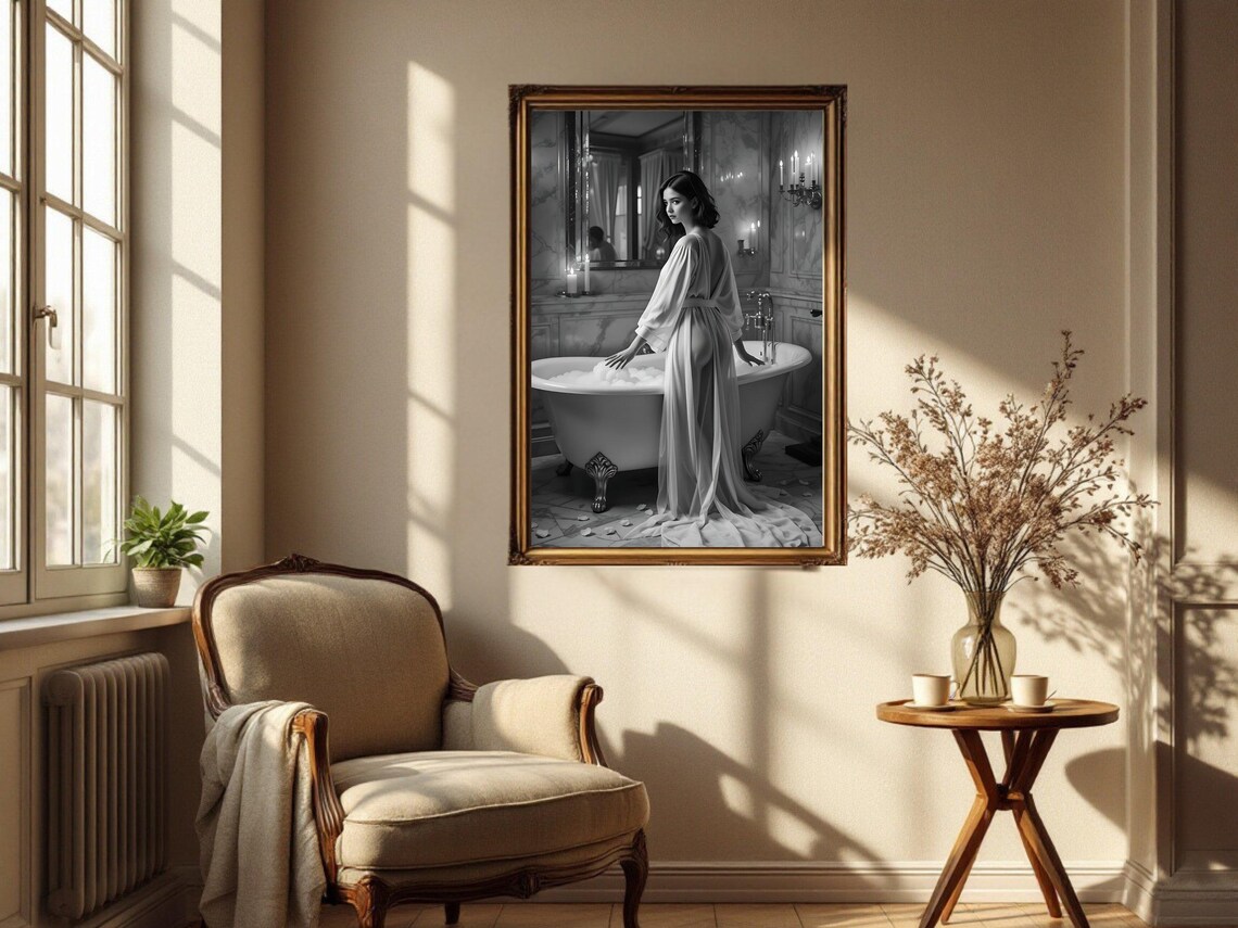 Elegant Bath Scene Wall Art Black And White Bathroom Decor Relaxing Woman Poster Luxury Gothic Artwork Romantic Home Prints - Image 4