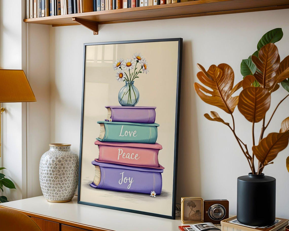 Love Peace Joy Stacked Books Daisy Vase Pastel Quote Wall Art - Image 5