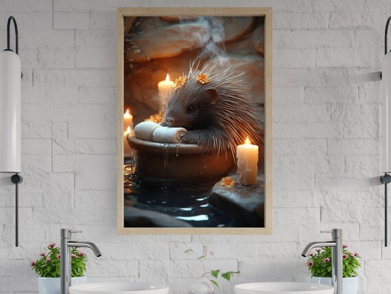 Porcupine Resting on a Stone Bath Edge with Flower Crown Poster