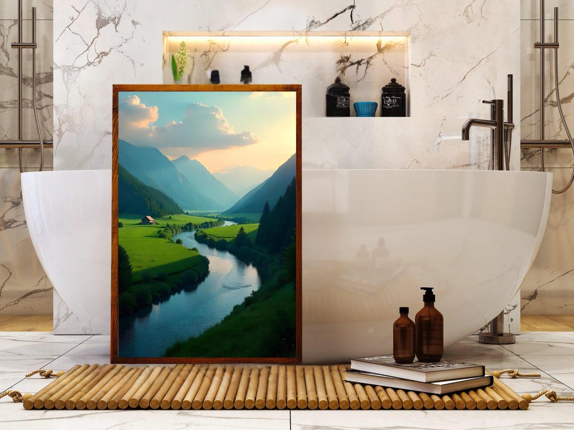 Peaceful Mountain River Valley With Cabin Beneath Sunset Clouds Poster - Image 4