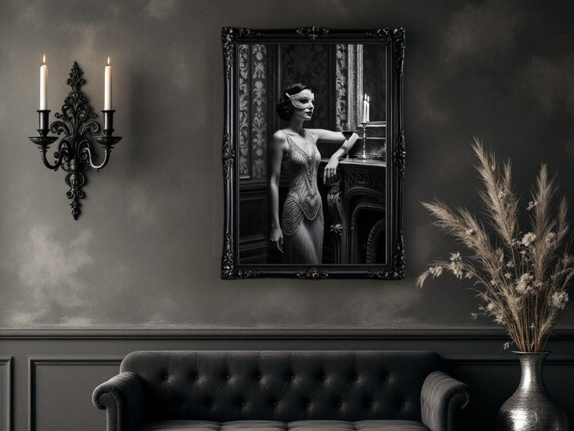 Masked Woman In Beaded Flapper Dress Beside A Fireplace Poster - Image 4