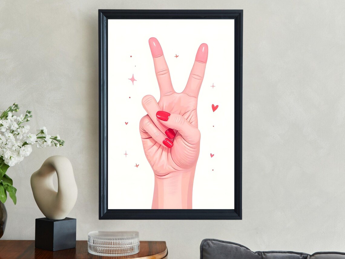 Pink Peace Sign Hand with Red Nails Cute Illustration Wall Art