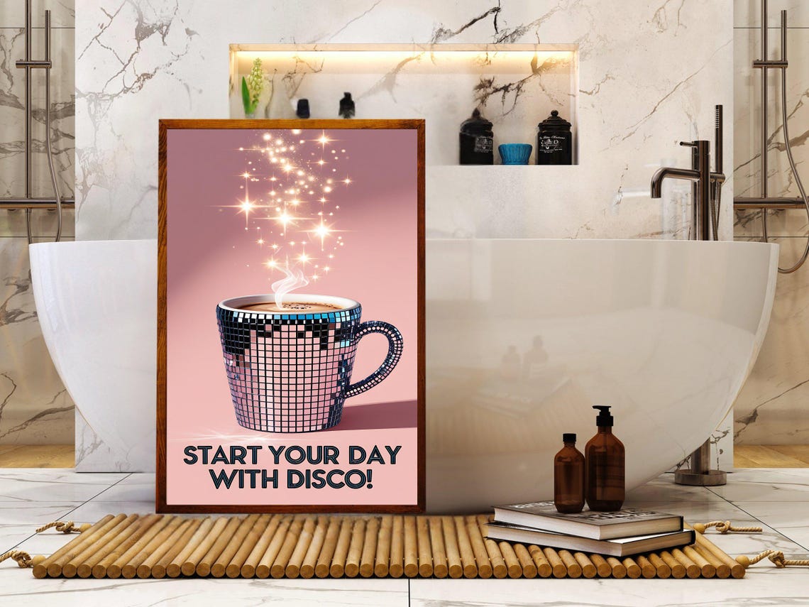 Disco Coffee Wall Art Start Your Day With Disco Retro Sparkle Art Print Shiny Mug Art Fun Kitchen Decor Vibrant Coffee Poster - Image 2