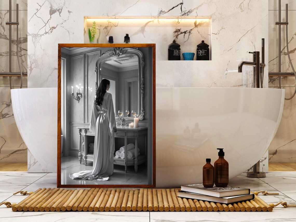 Woman in a Satin Robe Before an Ornate Mirror in Monochrome Poster - Image 5