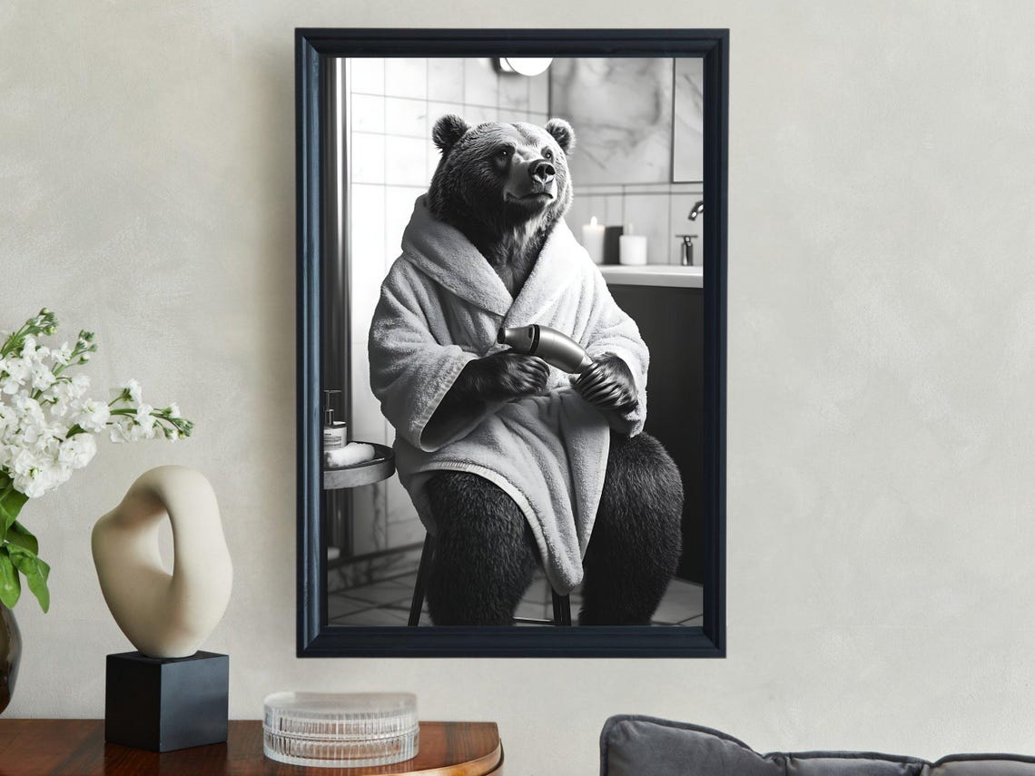 Black Bear in a Bathrobe Holding a Hair Dryer Bathroom Poster - Image 2