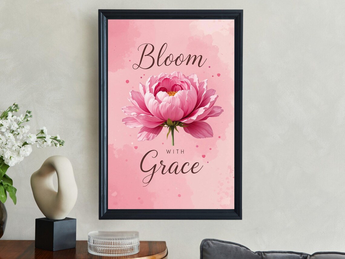 Bloom With Grace Large Pink Peony Floral Watercolor Quote Poster