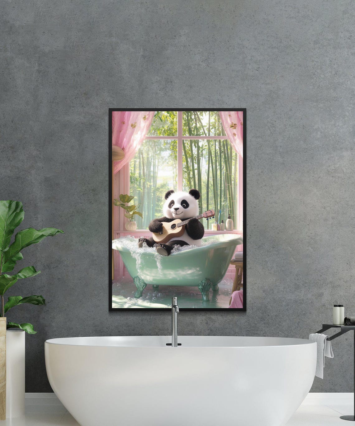 Smiling Panda Playing Ukulele in a Bubbling Green Bathtub Poster - Image 2