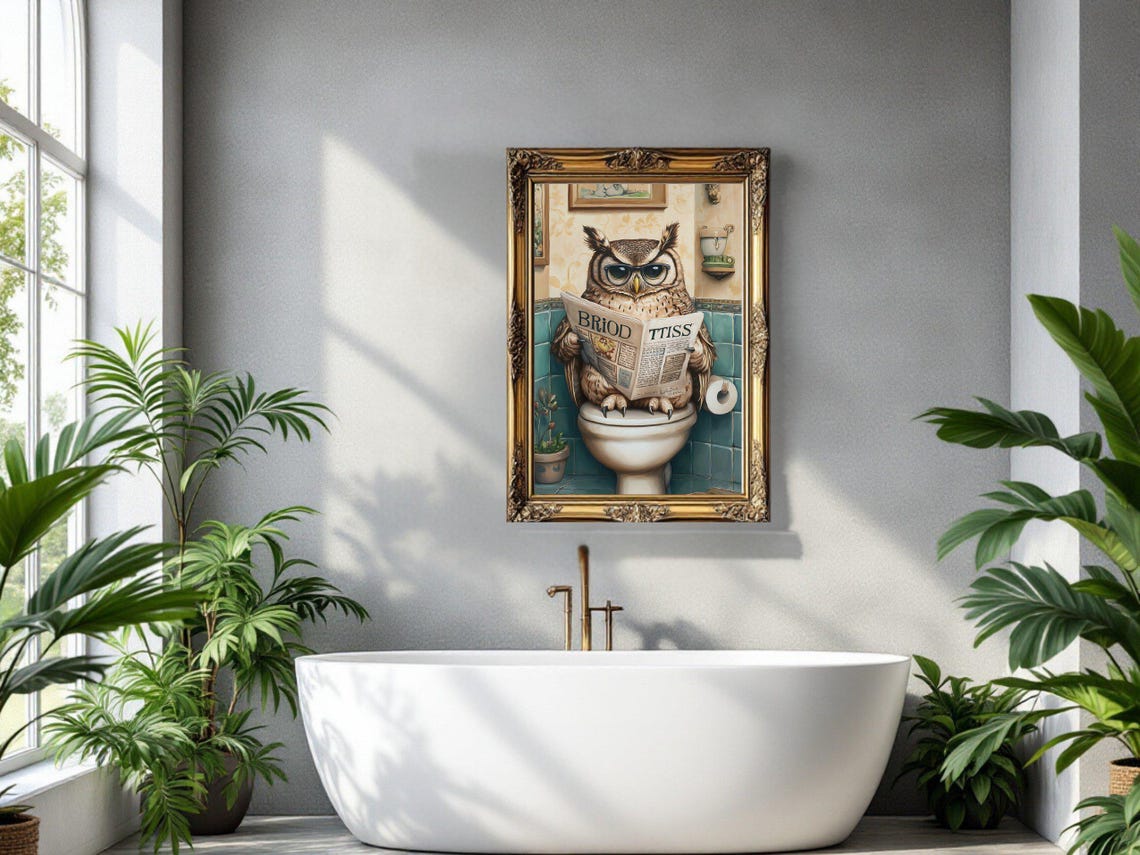 Wise Owl in Glasses Reading a Newspaper Sitting on the Toilet Poster - Image 3