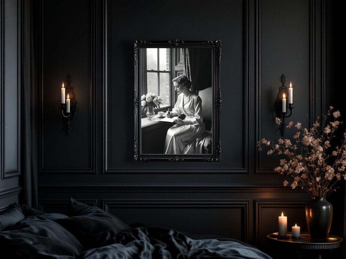 Woman in Satin Robe Writing Letter by Window with Peonies Poster - Image 3