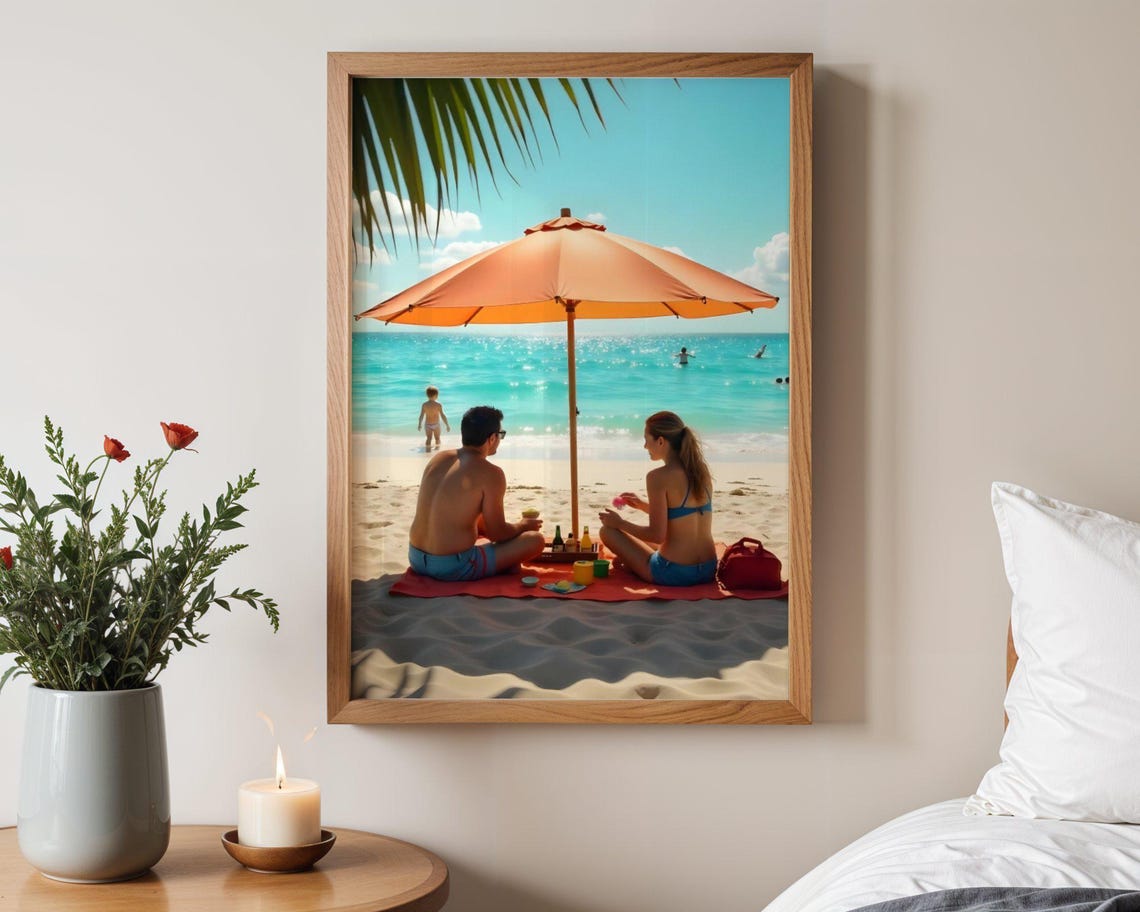 Couple Beach Picnic Under Bright Orange Umbrella Summer Day Poster