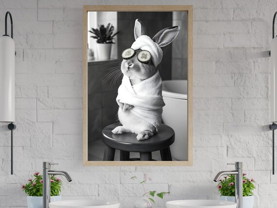 Bunny Spa Day With Cucumber Slices Black And White Animal Poster