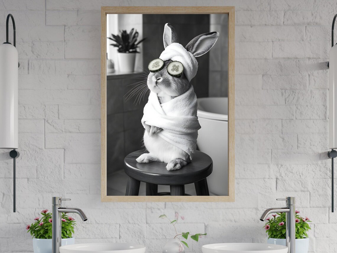 Bunny Spa Day With Cucumber Slices Black And White Animal Poster