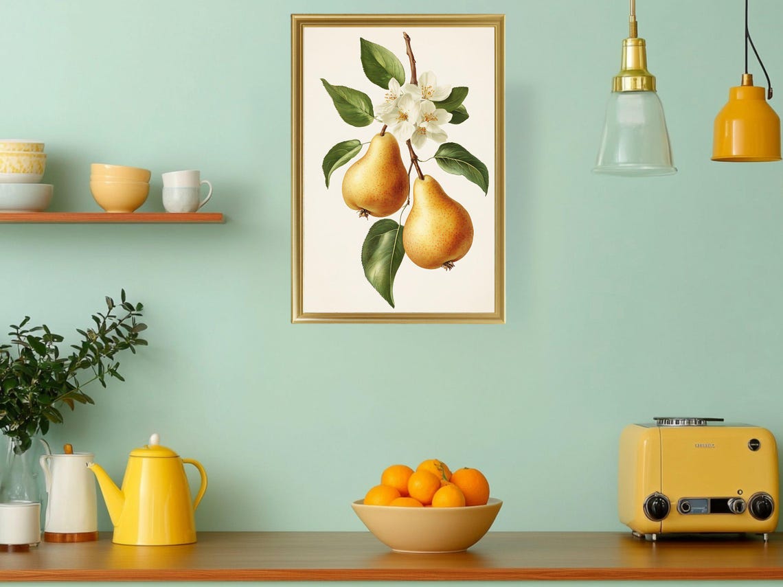 Golden Pears on Blossom Branch Vintage Botanical Fruit Poster - Image 3