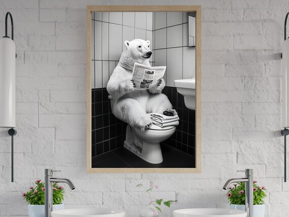 Polar Bear Sitting on the Toilet Reading the Morning Newspaper Poster