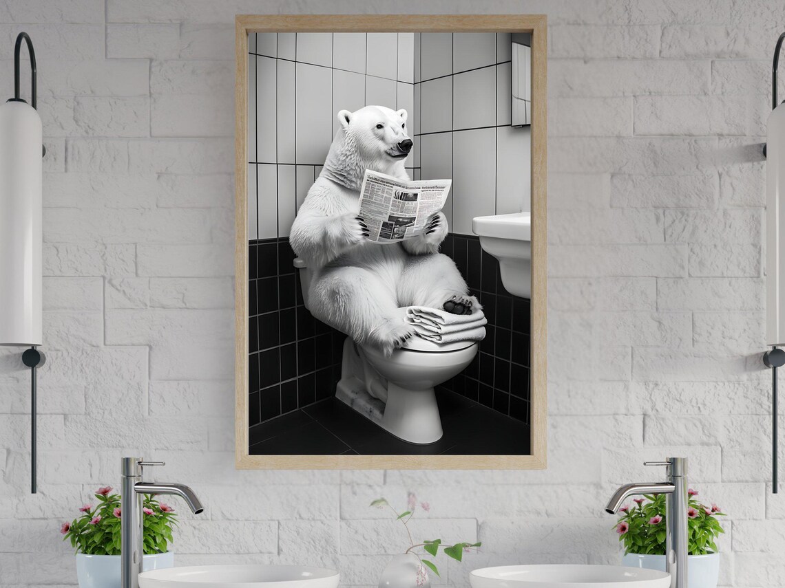 Polar Bear Sitting on the Toilet Reading the Morning Newspaper Poster