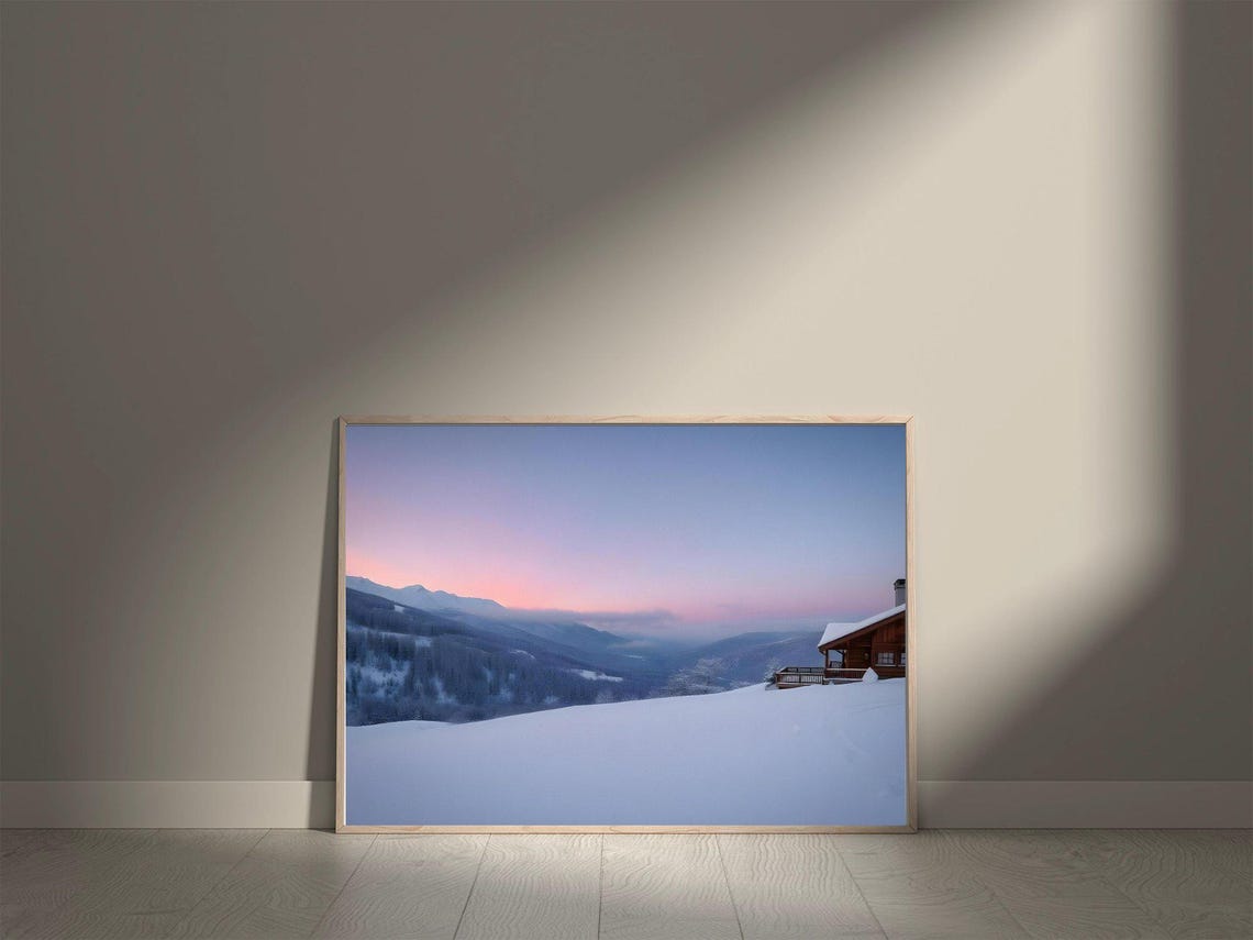 Cozy Snowy Mountain Cabin At Pink Sunset Winter Landscape Poster - Image 5