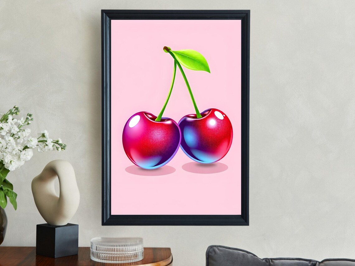 Cherry Wall Art Vibrant Cherry Artwork Modern Kitchen Decor Preppy Wall Art Bright Cherry Print Colorful Fruit Poster