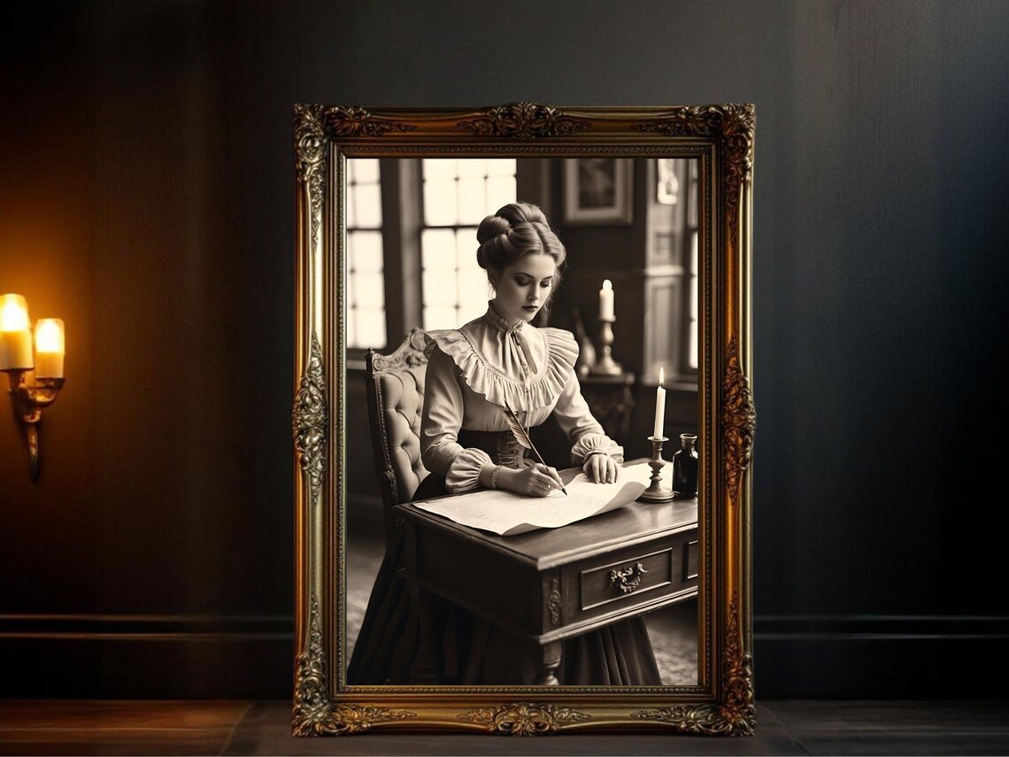 Victorian Woman Writing with Quill at Candlelit Desk, B&W Poster