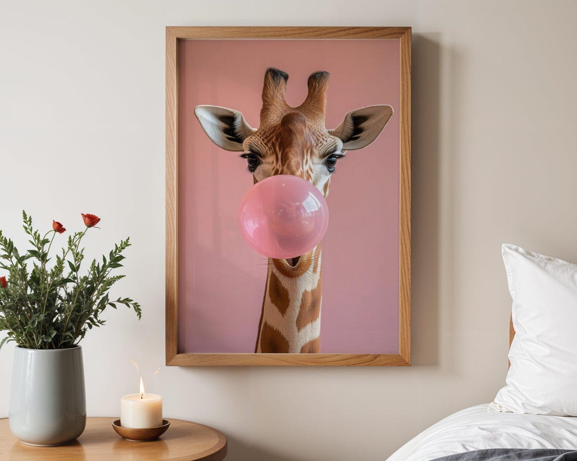 Giraffe Blowing Giant Pink Bubblegum Bubble Funny Safari Poster