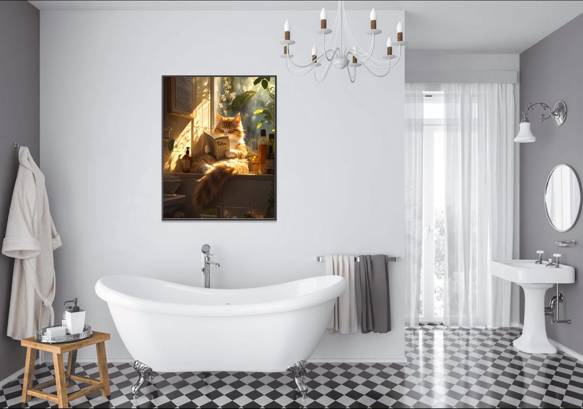 Ginger Cat Reading A Newspaper On A Sunny Bathroom Windowsill Poster - Image 2